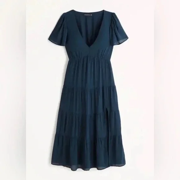 Abercrombie & Fitch Navy Blue Flutter Sleeve Tiered Midi Dress Women XL - Picture 1 of 7